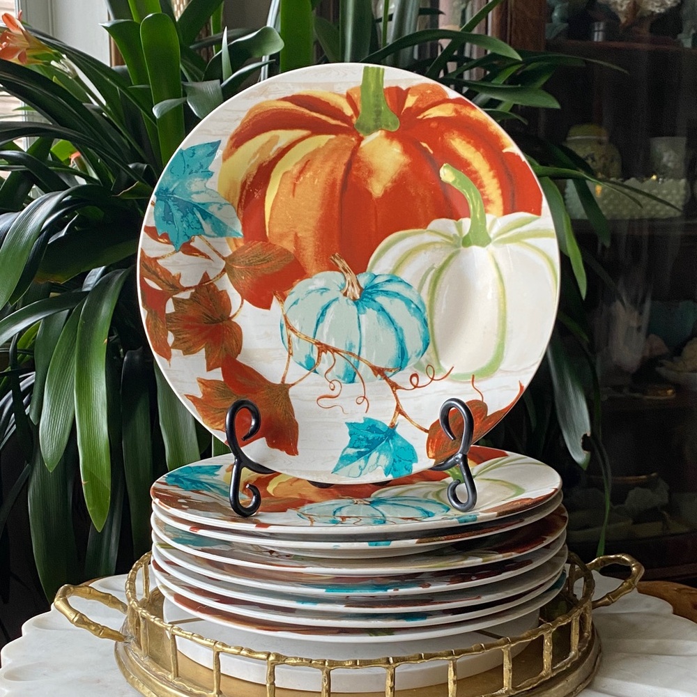 Set of 8 Royal Norfolk Autumn Pumpkin 10.5” Dinner Plates - Thanksgiving Dishes